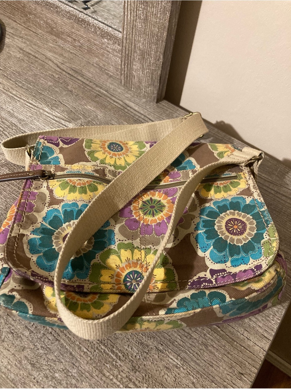 Relic Floral Canvas Crossbody in Brown, Teal & Purple
